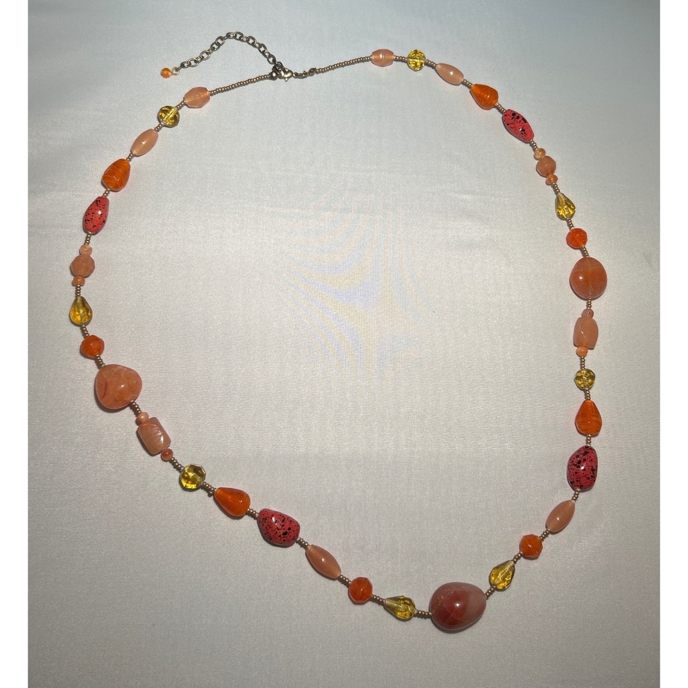 Boho Beaded Necklace 32" Orange Yellow Earth Tone Multi Shape Adjustable Chain